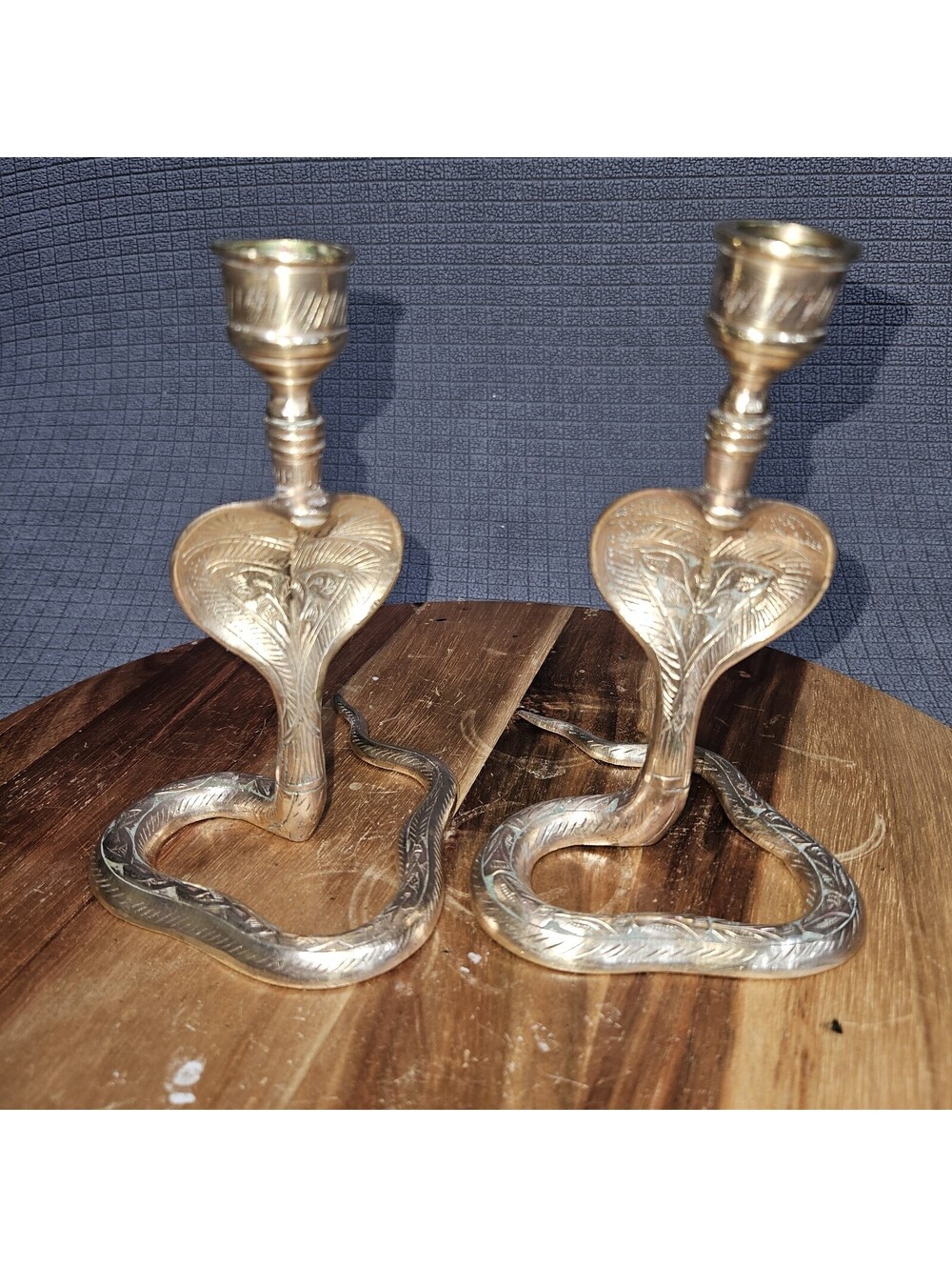 King Cobra Snake coiled Striking Brass Etching Pair Candlestick Holders 5.5"